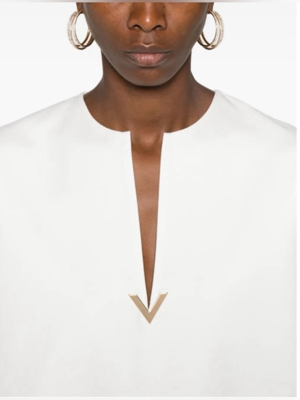 Valentino White Long-Sleeve V-neck Shirt with Gold V Detail